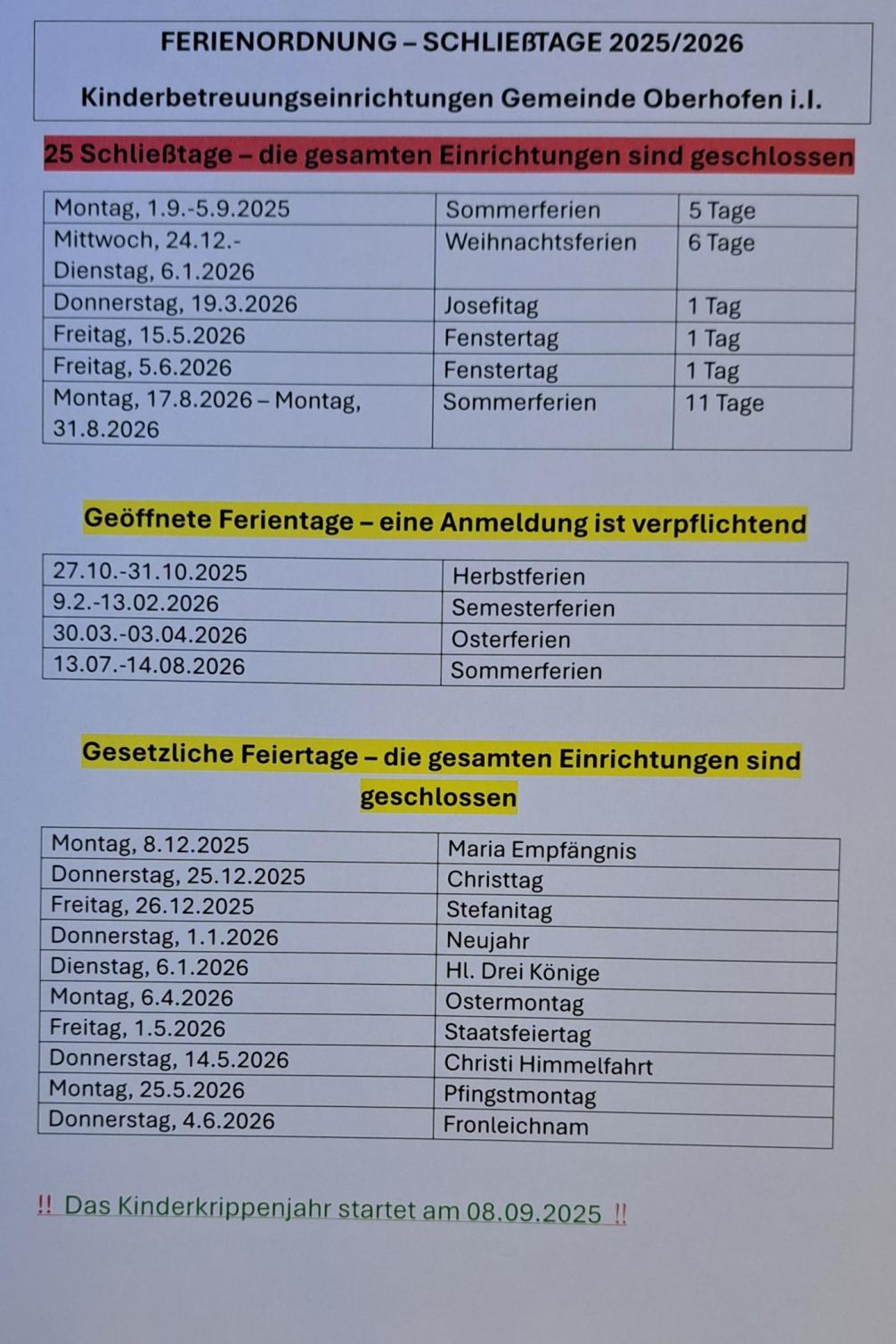 Öffnungszeiten 2025/26